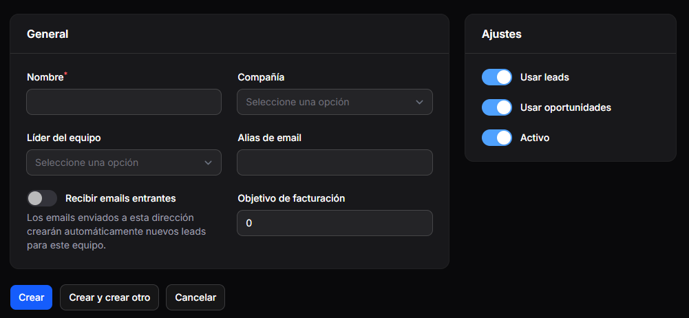 Formulario de equipo de ventas